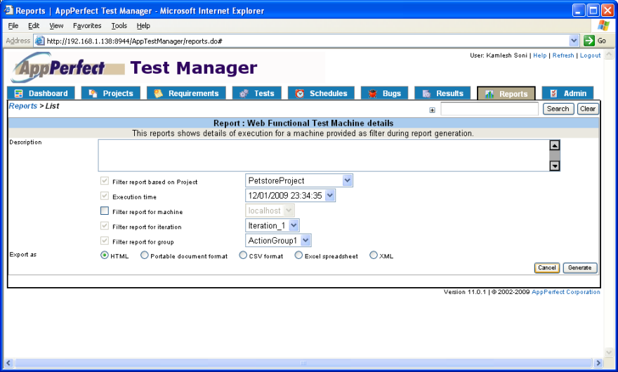Cloud Hosted testing : Test Manager filter reports view