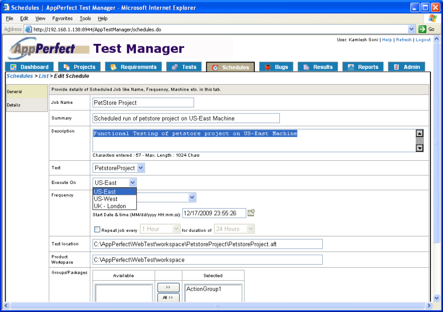 Test Manager, schedules view