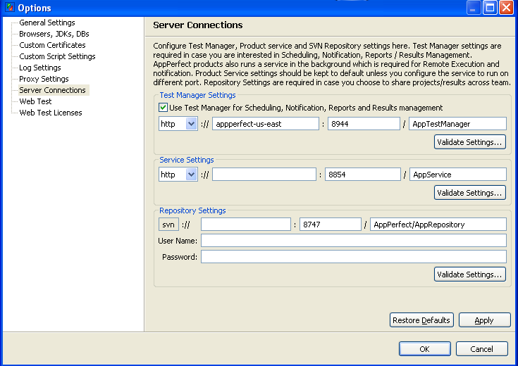 Cloud Testing : Test Manager Connection Settings