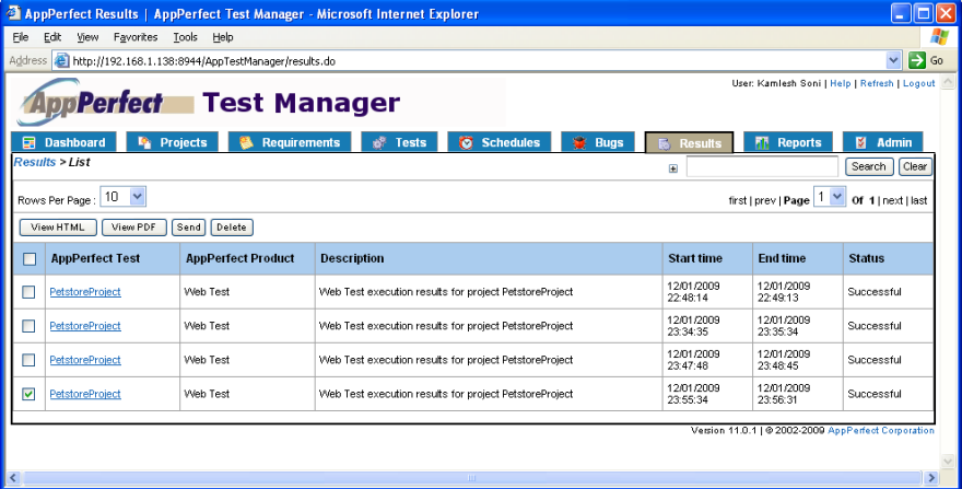 Test Manager, results view